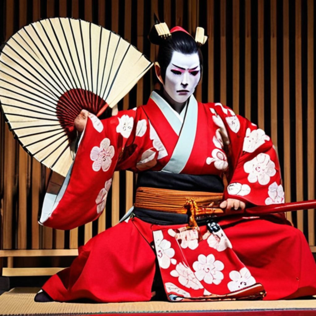 **

A Kabuki actor in elaborate *kumadori* makeup (specifically using red to symbolize passion/heroism), striking a dramatic pose on stage during a performance. Focus on the details of the makeup and costume, with traditional Japanese instruments like *shamisen* and *taiko* drums visible in the background. The scene should evoke the vibrant and energetic atmosphere of a Kabuki theater.

**