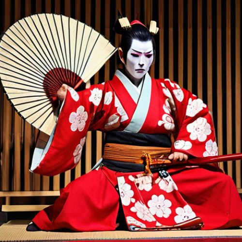 **

A Kabuki actor in elaborate *kumadori* makeup (specifically using red to symbolize passion/heroism), striking a dramatic pose on stage during a performance. Focus on the details of the makeup and costume, with traditional Japanese instruments like *shamisen* and *taiko* drums visible in the background. The scene should evoke the vibrant and energetic atmosphere of a Kabuki theater.

**
