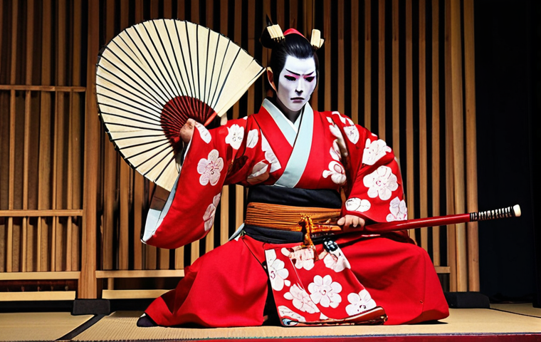 **
A Kabuki actor in elaborate *kumadori* makeup (specifically using red to symbolize passion/heroism), striking a dramatic pose on stage during a performance. Focus on the details of the makeup and costume, with traditional Japanese instruments like *shamisen* and *taiko* drums visible in the background. The scene should evoke the vibrant and energetic atmosphere of a Kabuki theater.
**