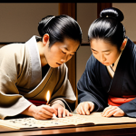 Kanji Calligraphy & Ancient Scholars**

Prompt: "Elegant Japanese calligraphy of Kanji characters on aged parchment, surrounded by subtle ink wash paintings of serene mountains. Depict ancient scholars in traditional robes studying diligently by candlelight, reflecting a sense of deep historical connection and cultural exchange. Soft, warm lighting. Reference the style of classic Sumi-e paintings."

**