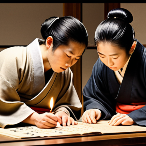 Kanji Calligraphy & Ancient Scholars**

Prompt: "Elegant Japanese calligraphy of Kanji characters on aged parchment, surrounded by subtle ink wash paintings of serene mountains. Depict ancient scholars in traditional robes studying diligently by candlelight, reflecting a sense of deep historical connection and cultural exchange. Soft, warm lighting. Reference the style of classic Sumi-e paintings."

**
