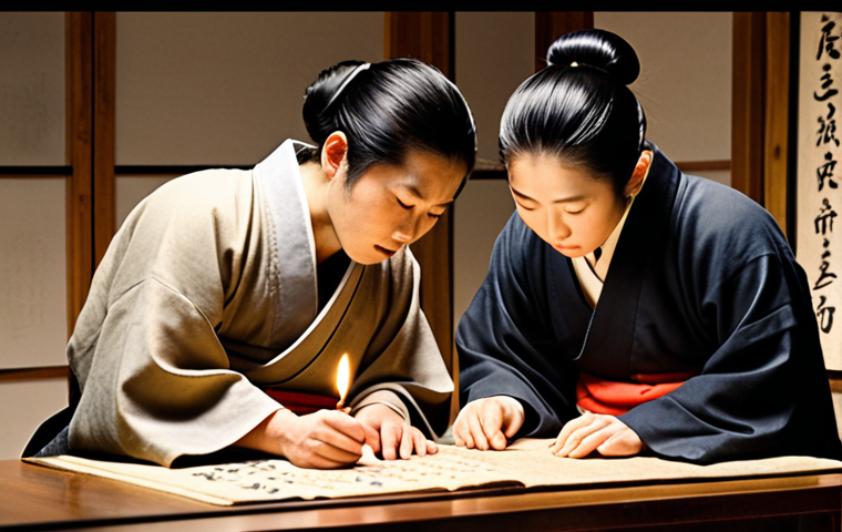 Kanji Calligraphy & Ancient Scholars**
Prompt: "Elegant Japanese calligraphy of Kanji characters on aged parchment, surrounded by subtle ink wash paintings of serene mountains. Depict ancient scholars in traditional robes studying diligently by candlelight, reflecting a sense of deep historical connection and cultural exchange. Soft, warm lighting. Reference the style of classic Sumi-e paintings."
**