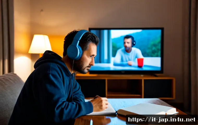 Home 13 일본어와 일본 드라마 - Photorealistic cozy Italian apartment living room at dusk, an Italian adult learner watching a Japan...